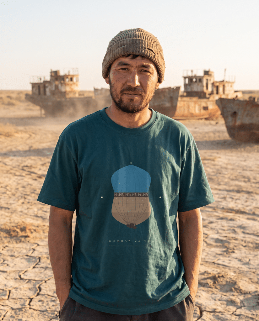 Uzbek man wearing green T-shirt at the Aral Sea