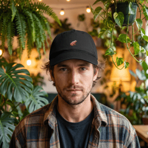 Man wearing the black Amazon Dart Frog cap, embroidered dart frog on the front panel