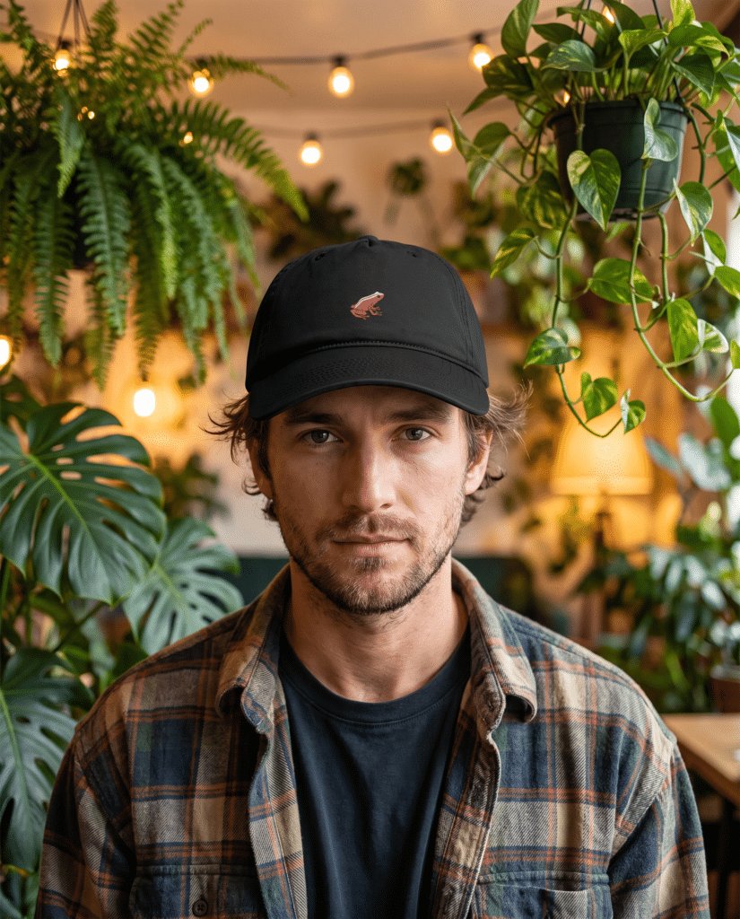 Man wearing the black Amazon Dart Frog cap, embroidered dart frog on the front panel